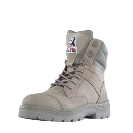 Grey work boot with Steel Blue logo on a white background