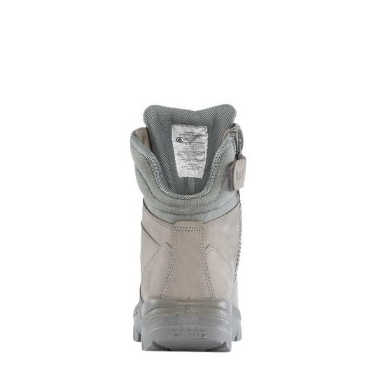 Gray boot with visible brand label on a white background