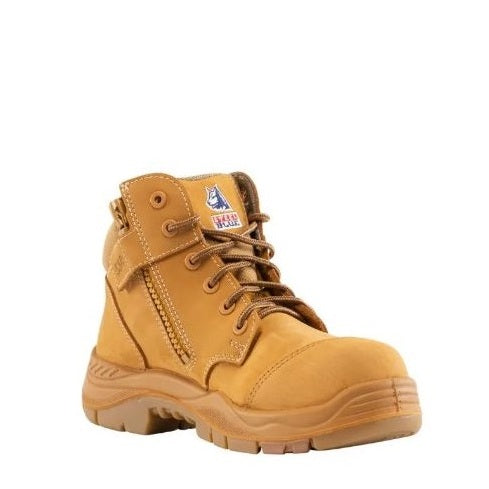 Yellow work boot with brand logo on a white background