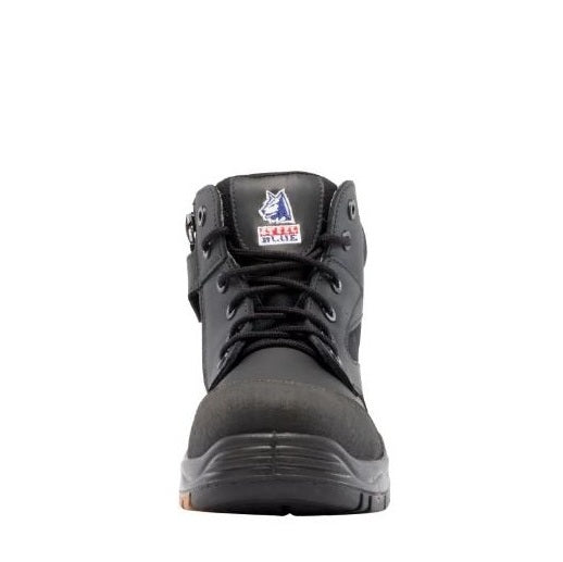 Black boot with a brand logo on a white background