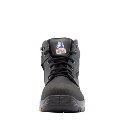 Black boot with a brand logo on a white background