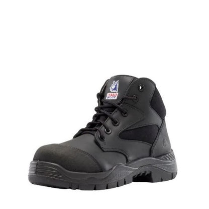 Black safety boot with a visible brand logo on a white background