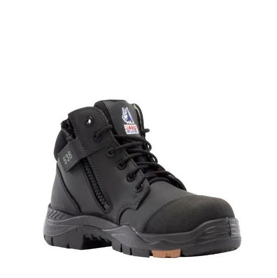 Black work boot with visible brand logo on a white background