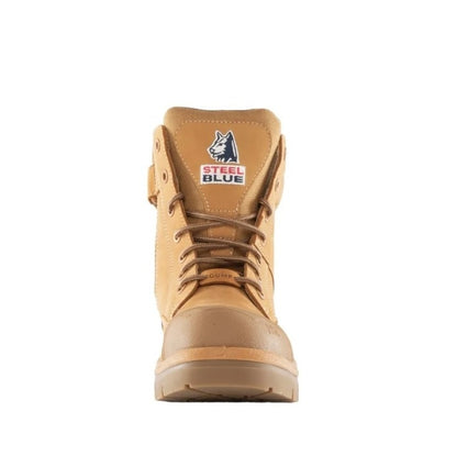 Tan work boot with 'Steel Blue' logo on a white background