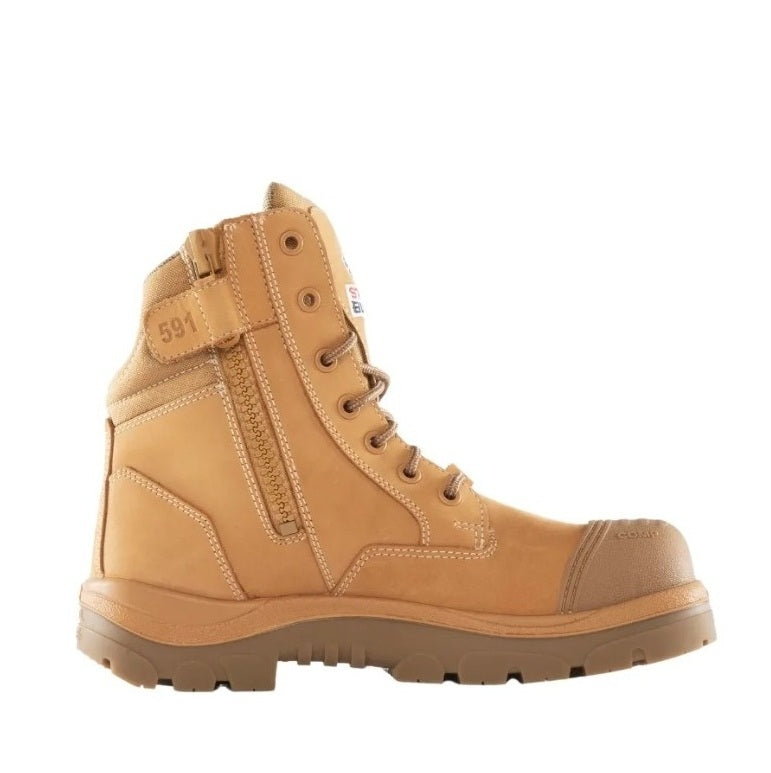 Tan work boot on a white background