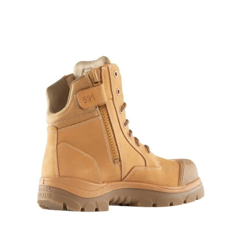 Tan boot with brand logo on a white background