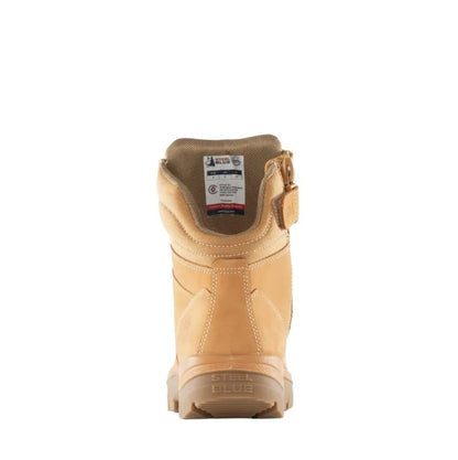 Tan work boot with visible brand label on a white background
