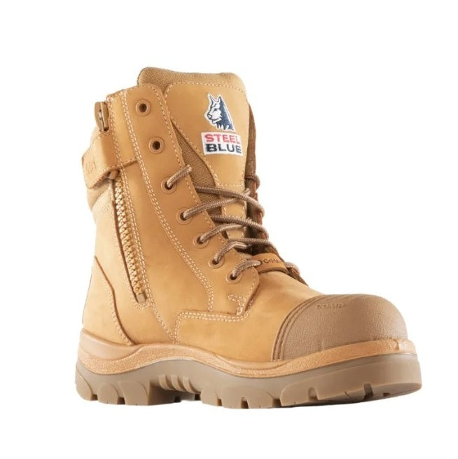 Tan work boot with 'Steel Blue' logo on a white background