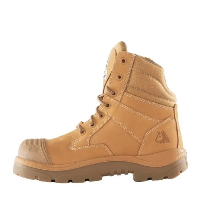 Tan work boot on a white background