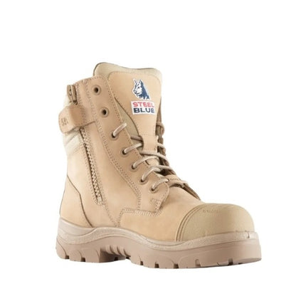 Beige work boot with 'Steel Blue' logo on a white background