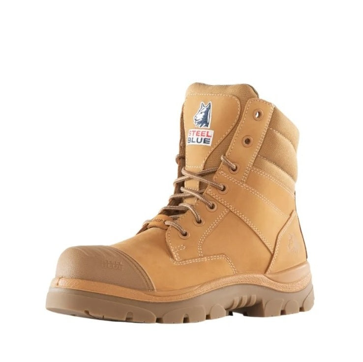 Tan work boot with brand logo on a white background