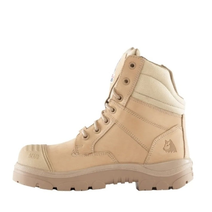 Beige boot with a brand logo on a white background