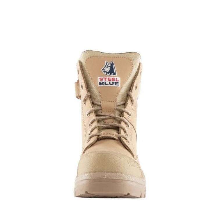 Tan boot with Steel Blue logo on a white background