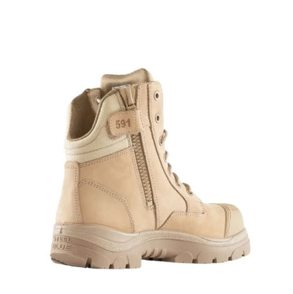 Beige boot with a visible brand logo on a white background
