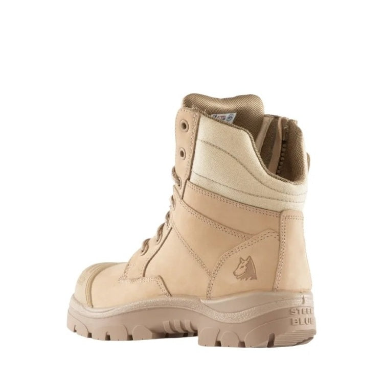 Beige boot with brand logo on a white background