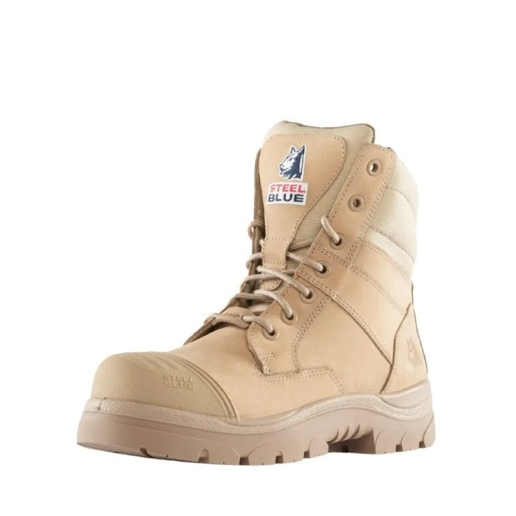 Beige work boot with Steel Blue logo on a white background