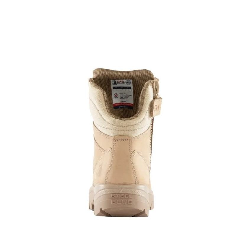 Beige boot with visible brand label on a white background