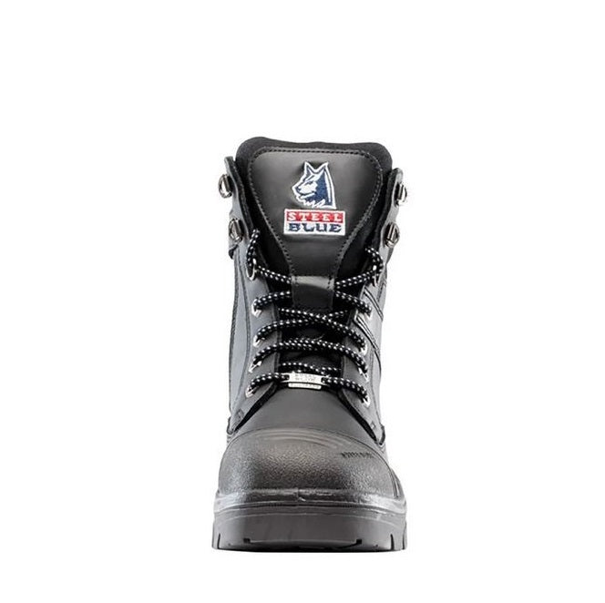 Black high-top boot with a brand logo on a white background