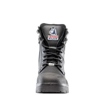 Black high-top boot with a brand logo on a white background