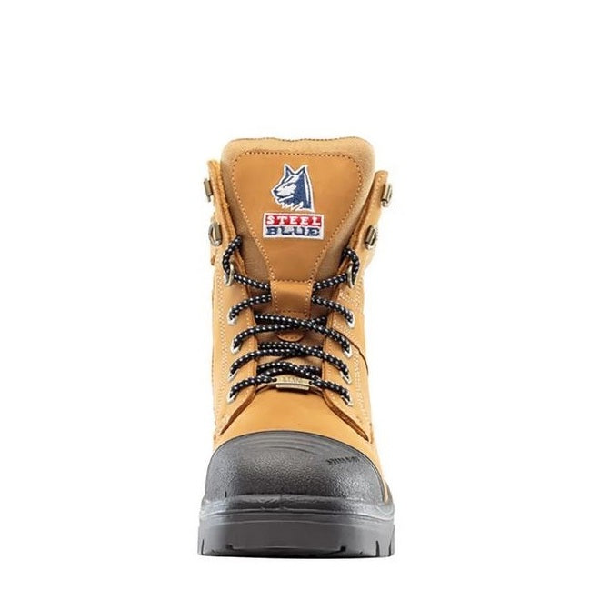 Yellow work boot with a visible brand logo on a white background