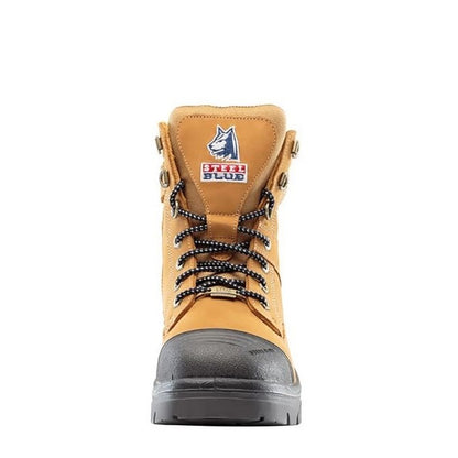 Yellow work boot with a visible brand logo on a white background