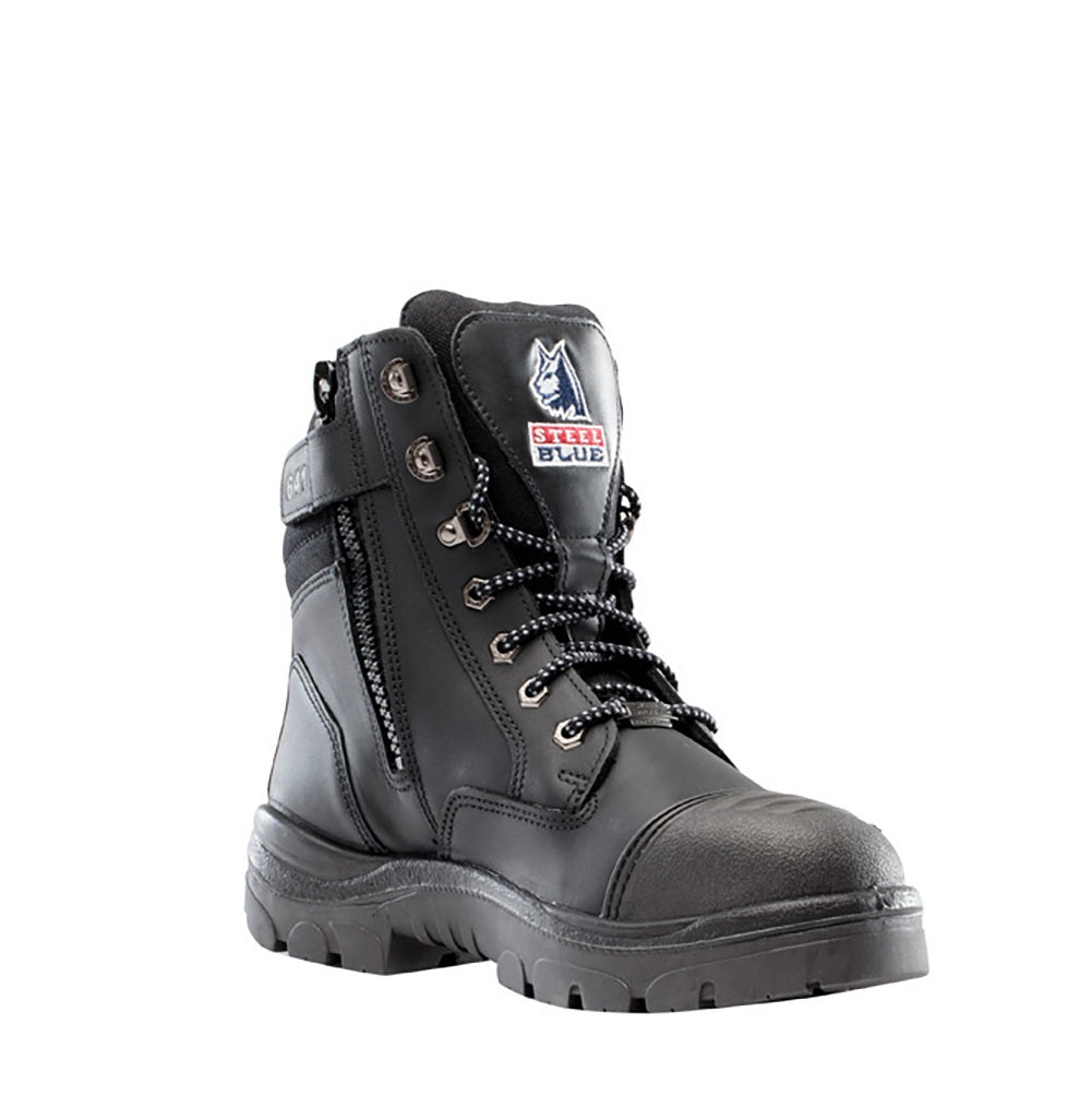Black safety boot with a visible brand logo on a white background