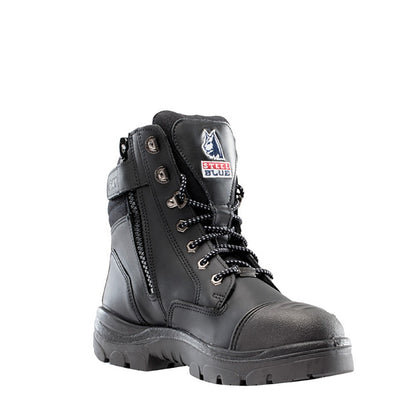 Black safety boot with a visible brand logo on a white background
