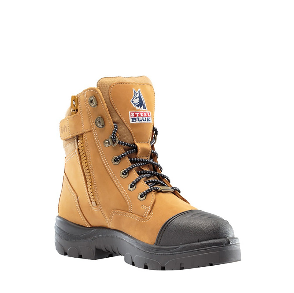 Yellow work boot with a brand logo on a white background