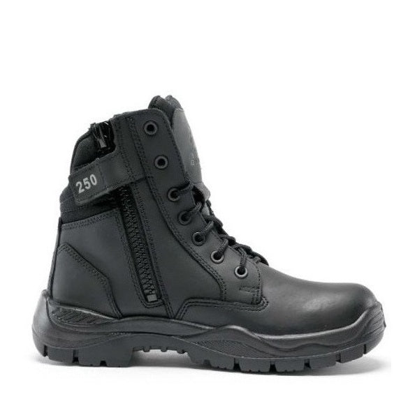 Black tactical boot with a zipper on a white background