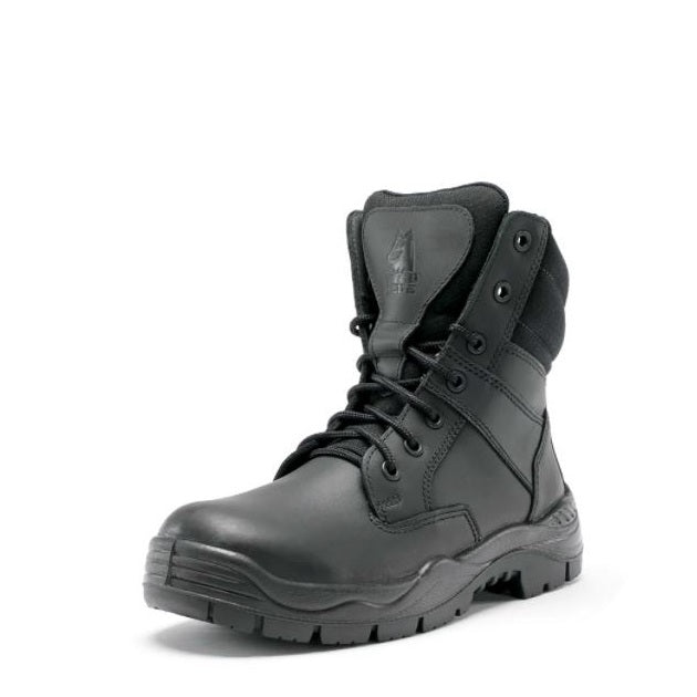 Black boot with a brand logo on a white background