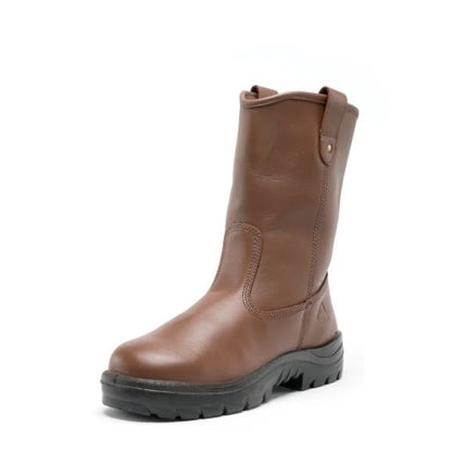 Brown boot with black sole on a white background