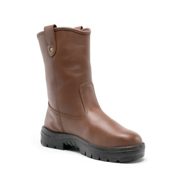 Brown leather boot with a black sole on a white background