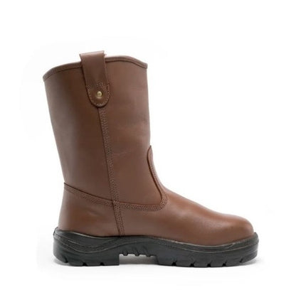 Brown boot with a black sole on a white background