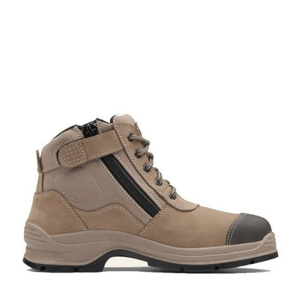 Stone coloured slip resistant Blundstone 325 Unisex Zip Up Series Safety Boot