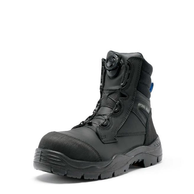 Black safety boot with a white background