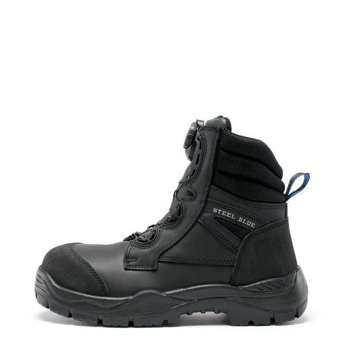 Black safety boot with 'Steel Blue' branding on a white background