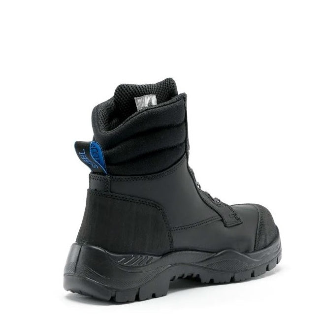 Black boot with blue label on a white background