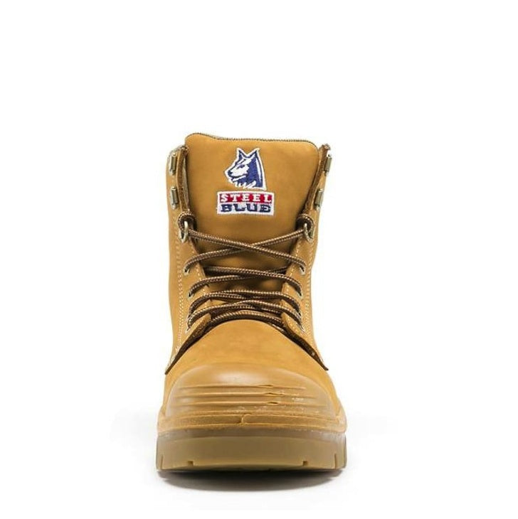 Tan boot with a brand logo on a white background