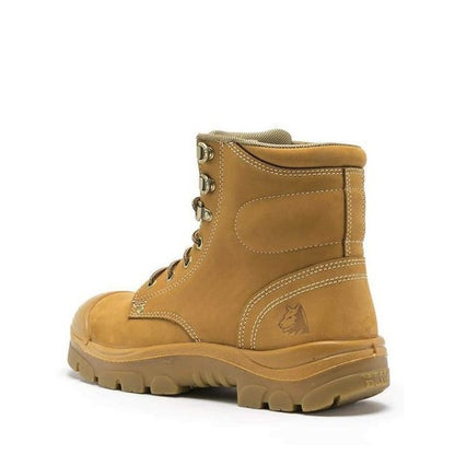 Tan work boot with brand logo on a white background