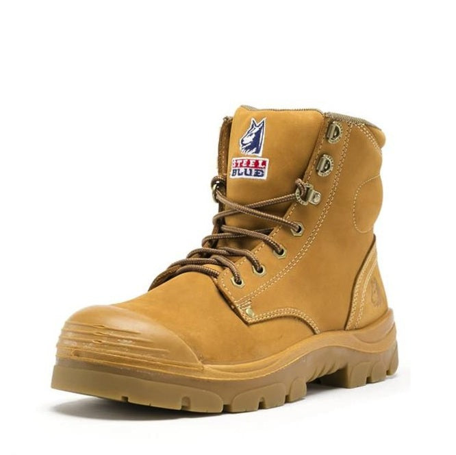 Yellow work boot with a brand logo on a white background