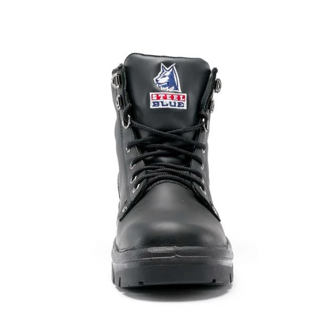 Black boot with a visible brand logo on a white background