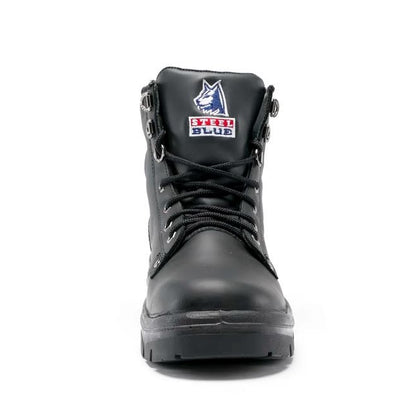 Black boot with a visible brand logo on a white background