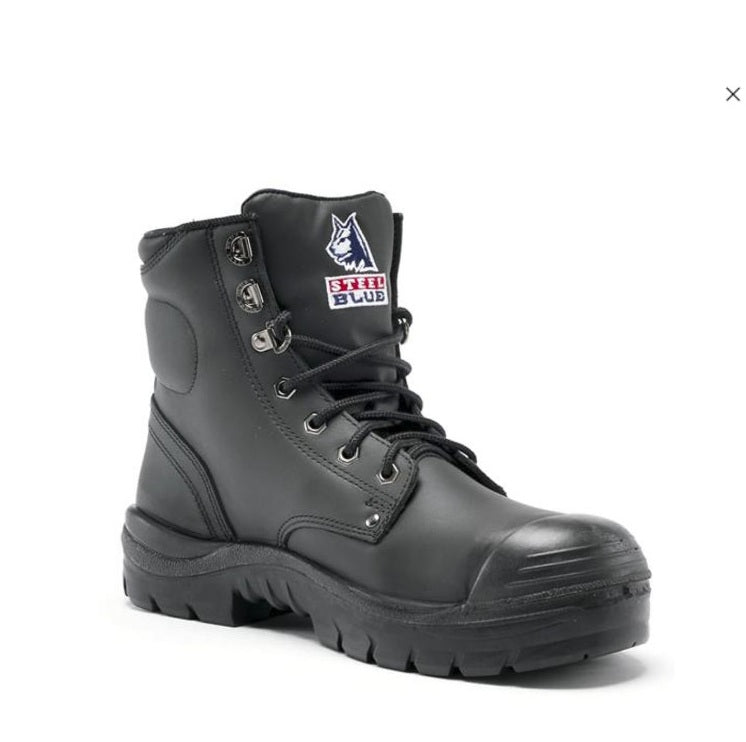 Black boot with a brand logo on a white background