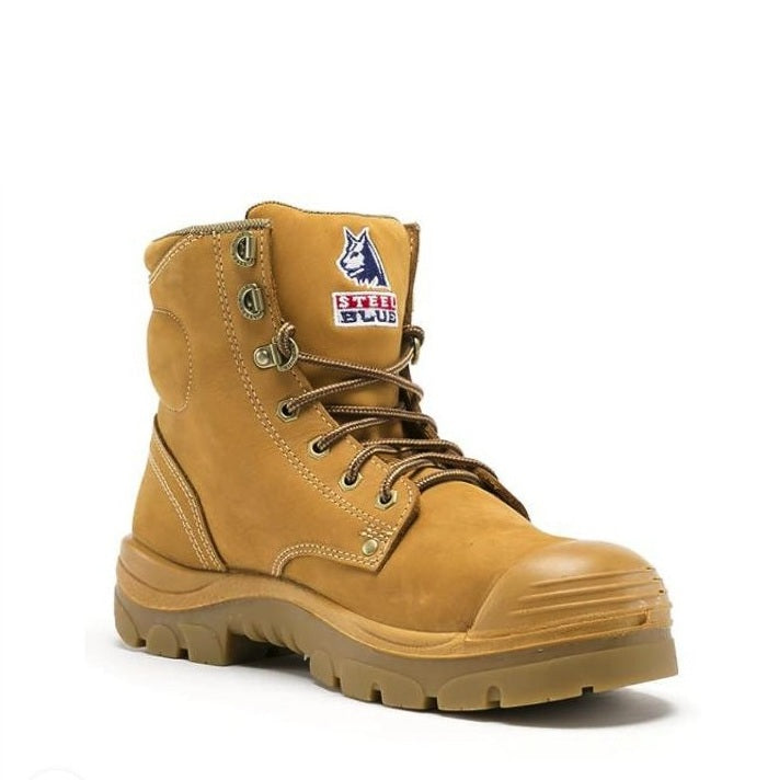 Tan work boot with a brand logo on a white background