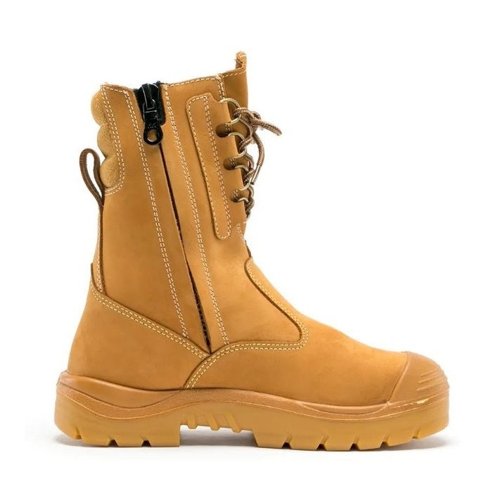 Yellow boot with a black zipper on a white background