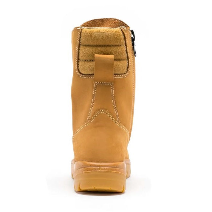 Tan work boot on a white background