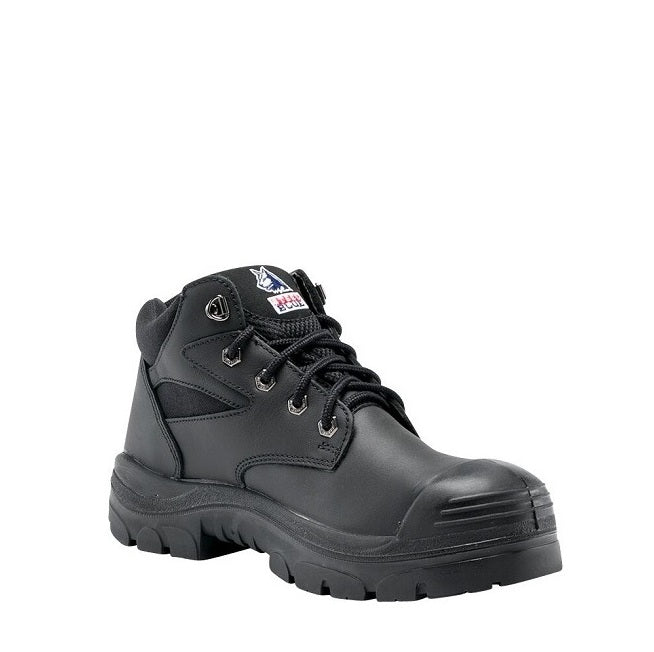 Black high-top sneaker with brand logo on a white background