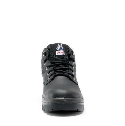 Black high-top sneaker with a brand logo on a white background