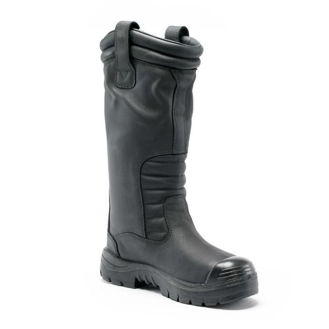 Black rubber boot on a white background