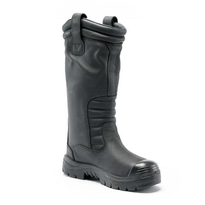 Black rubber boot on a white background